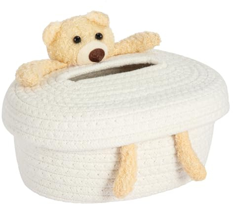 M.J COMFY-LIFE Woven Tissue Box Cover Handwoven Cotton Rope Tissue Holder for Home Decor Breathable Napkin Dispenser Storage Box for Living Room Bedroom Coffee Table Farmhouse Style (Bear)