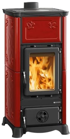 La Nordica Kaminofen Emiliana 165 Majolika 6,5 kW Holzofen Externe Zuluft Gusseisen Brennraum Scheibenspülung für bis 186 m³ (Bordeauxrot)