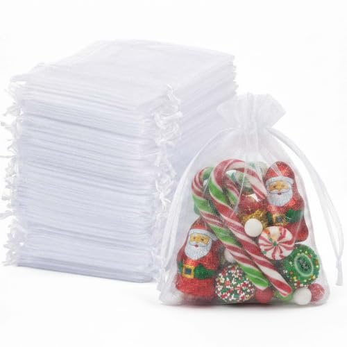 LECTNORE 100 Piezas Bolsas de Organza Blancas 7x9 cm, Saquitos de Tul con Cordón para Joyas, Regalos de Boda, Navidad, Fiesta de Cumpleaños