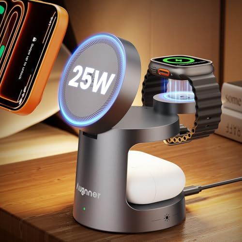 3 in 1 Caricatore Wireless,Certificato Qi2 Caricabatterie Magnetico 25W Rapido Stazione Ricarica per Apple Wireless Charger Rapida per iPhone17/16/15/14/13/12,Apple Watch