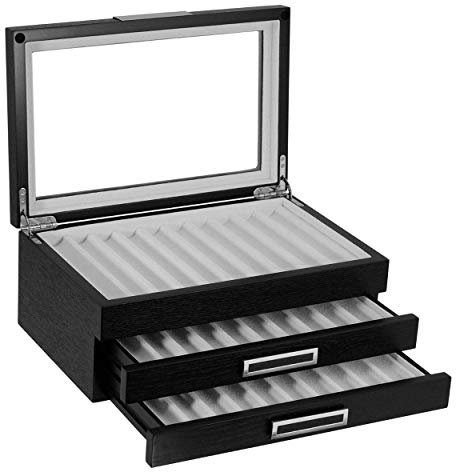 TIMELYBUYS 30-teiliges schwarzes Ebenholz-Schatulle für Stifte und Füllfederhalter, große Organizer-Box mit Glasfenster, drei Ebenen, Vitrine mit Schubladen, Vatertagsgeschenk