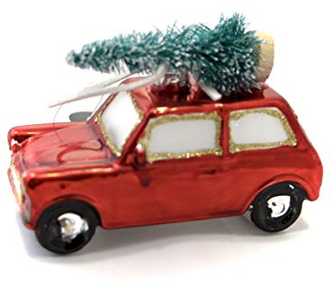 UK Christmas World Christbaumkugel - Rotes Auto mit Weihnachtsbaum auf Dach, Handgefertigt, 10 cm
