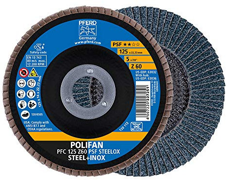 PFERD 69398193 - Disco lamellare Polifan, 5 pezzi, Ø 125 mm, Z 60, conico, PSF STEELOX, per acciaio e acciaio inox (INOX)