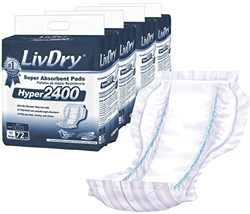 LivDry High Absorbency Pad Insert for Incontinence Briefs and Adult Diapers, Women and Men, Hyper 2400 (72 Count)