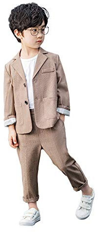 LOLANTA 2-teiliges Jungenanzug-Set, Kinderanzug mit Sakko und Hose, Freizeitkleidung oder Outfit für Blumenjungen bei Hochzeiten, Khaki, 8-9 Jahre, 140
