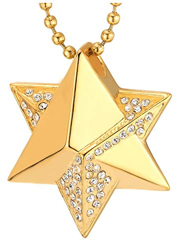 COOLSTEELANDBEYOND Oro Convesso Stella di David Piramide Ciondolo con Zirconi, Collana con Pendente da Uomo Donna Acciaio Palla Catena 60CM