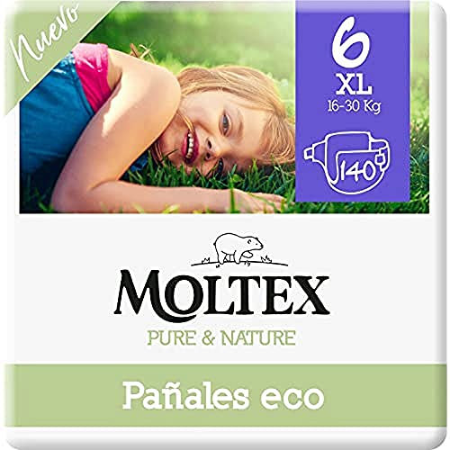 Moltex Pure & Nature Ökologische Windeln, Größe 6 (17-28 kg), 140 Windeln (4 Beutel à 35 Stück), weiß mit gedrucktem Design