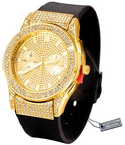 Halukakah Premium Diamant Golduhr für Männer, Luxus 18k Echtgold Vergoldet, Wasserdicht, Gefälschtes Doppelkalender-Zifferblatt Iced Out, Verstellbares Schwarzes Armband, Geschenkbox Inklusive