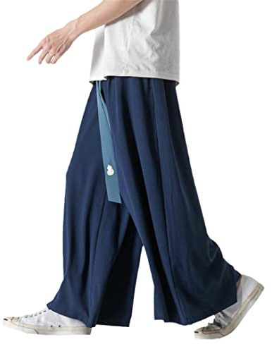 Kinesisk traditionell tunn plus size is silke Hakama retro Hanfu Tai Chi Kung Fu vardagsbyxor, marinblå, 3XL