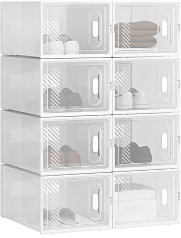 WOLTU Set di 8 Scatole per Scarpe Contenitore Portascarpe Scarpiera Organizzatore Portaoggetti Impilabile Salvaspazio Coperchio Magnetico Plastica Trasparente Bianco 35x25x19cm