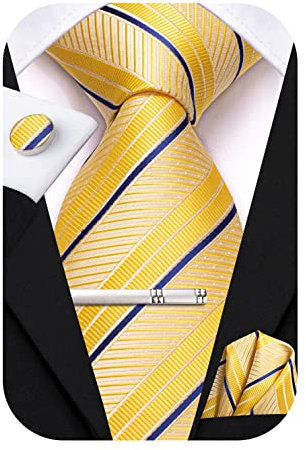 Hi-Tie Krawatten-Set für Herren, Seidenkrawatten für Herren, Pink, Blau, Schwarz, 4-teilig, Krawatte, Einstecktuch, Manschettenknöpfe, Clip für Hochzeit, Gelb Blau, M