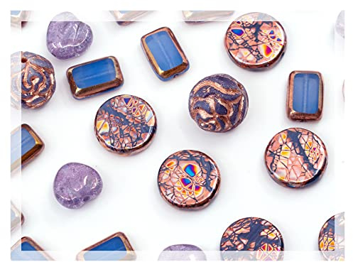 60 g of Glass Focal Bead Mix with Roses, Table-Cut and Cracked Czech Beads, PG Blue Copper Violet