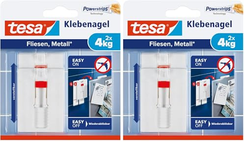 tesa Klebenagel Fliesen&Metalll, verstellbar, 2 Stück - anpassbarer Klebenagel für glatte und feste Oberflächen in Bad und Küche, 4 kg Haltekraft - ablösbar und wiederverwendbar (Packung mit 2)