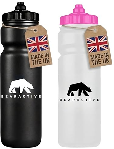 Bearactive 2x Sports Bottle UK Made Lightweight Sports Water Bottle 750ml with Valve Sprout - BPA Free Plastic, Dishwasher and Leak Proof - for Gym, Bike, Running, Hiking, Football - Black & Pink