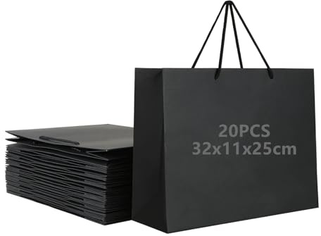 Oungy 20 Pcs Black Paper Bags with Handles, 32x11x25cm Large Gift Bags, Thickness 250g Carrier Shopping Party Retail Boutique Wedding Birthday