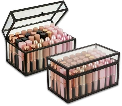 Krdrgey 40 Lipsticks Organizer with Lid, Glass Display Box Fits Large Perfume & Skincare, Easy-Access Organiser for Vanity Countertop, Multifunctional Display Box in Any Rooms