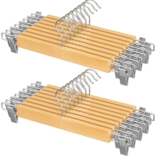 SONGMICS Hosenbügel Holz, 16er Set, Rockbügel aus Holz, mit verstellbaren Clips, rutschfest, für Hosen, Shorts und Röcke, naturfarben CRW009N16