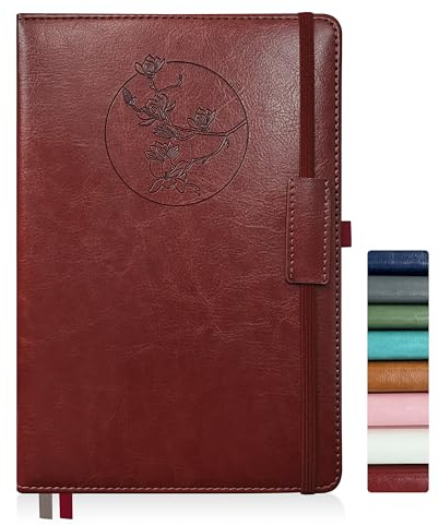 Qefuna Anteckningsbok Journal för kvinnor män, 256 sidor A5 inbunden läderjournal för arbete, fodrad journal/anteckningsbok med 100Gsm papper, pennhållare och innerficka 5,8×8,4（Vinröd）