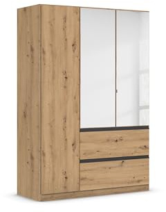 Rauch Möbel Costa, Kleiderschrank, Farbe Eiche Artisan, Breite 136 cm | Schrank, 3-türig, Spiegel, 2 Schubladen, Push-to-open, Zubehör Basic, für Schlafzimmer, Kinderzimmer, Babyzimmer, Garderobe