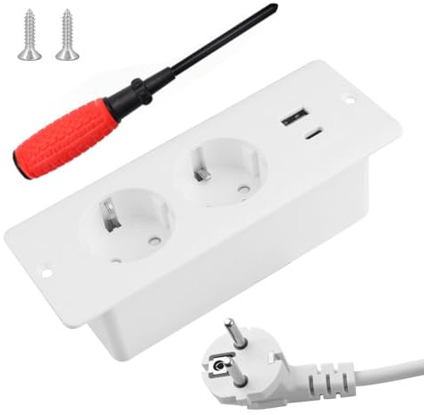 BouGPeng Presa da Tavolo da Incasso Con USB e Tipo C PD 20W - Presa a Scomparsa 2 Prese di Corrente Con Cavo da 1,5 m per Scrivania, Cucina, Ufficio - Bianco