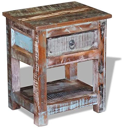 LAPOOH Beistelltisch mit 1 Schublade, Tabletttisch, Blumenhocker, Nachttisch, Couchtisch, Wohnzimmer, Nightstand, Altholz Massiv 43x33x51 cm
