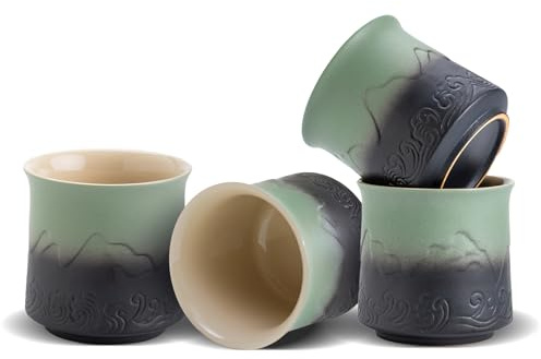 ZENS Japanese Tea Cups Set of 4, Embossed 8 oz Ceramic Japan Tea Cup for Hot Tea or Matcha, Japanese Style Handle-less, Occupied Japan Tea Cup, Moss Green