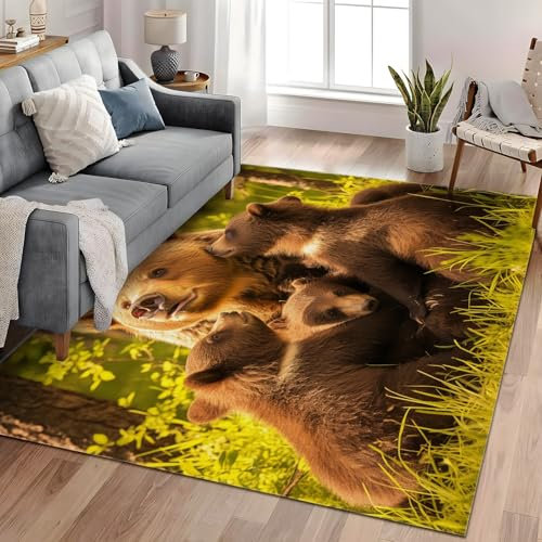 Generisch Wohnzimmerteppich Waldtier Bär 80x150 cm Teppich Wohnzimmer Teppich rutschfest Kurzflor Teppiche fürs Schlafzimmer, Arbeitszimmer, Büro, Flur und Küche