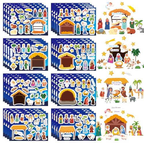 32 Sheets Christmas Nativity Stickers, Make a Nativity Scene Sticker Jesus Birth Stickers, Christmas Crafts for Kids, Religious Bible Scene Party Favor Christian Craft School Classroom Activity