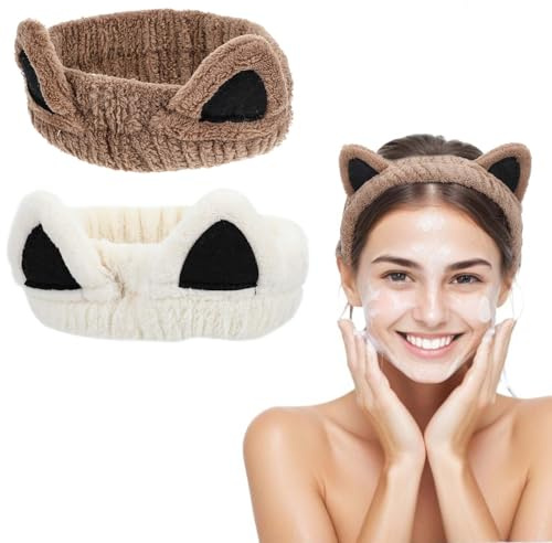 2 Stück Haarband Kosmetik,Niedliches Katzenohren Haarbänder,Korallen Fleece Haarband Schminken,Weiches Cosmetic Stirnband,Elastisches Spa Stirnband Damen für Dusche Hautpflege Sport(Curry + Beige)