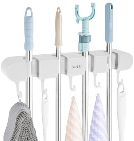 shaojian 4 Slots Broom Holder Wall Mounted Mop Holder with Hook, Punch Free Multifunctional Broom Clip Holder, Mop and Broom Organizer Storage Racks for Bathrooms Kitchen Office Closet (1 Pack)