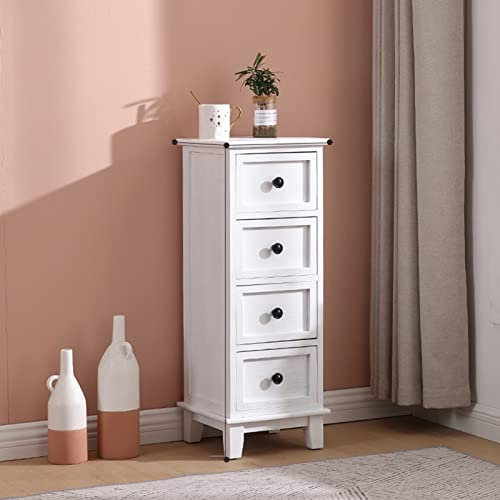 Vintage Massivholz Nachttisch Sideboard mit 4 schmalen Schubladen Retro Eckschrank Aufbewahrung Spind