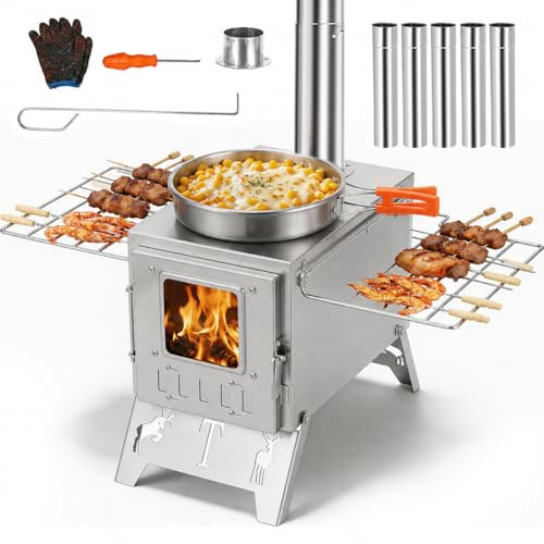 WUDLEP Camping Tent Stove, Hot Tent Stove, Wood Burning Stoves, Portable Stainless Steel Tent Wood Stoves with Chimney Pipes Portable Camping Cookware for Camping Heating Lodging Cooking