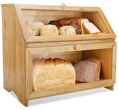 BRAVECOW Natürlich Bambus brotkasten,brotkasten holz Zweischichtig, mit Deckel brotkorb, brot aufbewahrung, Küche Brotaufbewahrungsbox brotbehälter groß, 39x25x32cm (Bambus, 39 x 25 x 32 cm)