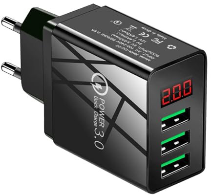 Caricatore USB da Muro con 3 Porte, Caricabatterie Multiplo 5V 2A, Display LED, Compatibile con i-Phone, Sam-sung, Xiaomi, Huawei, Carica Rapida QC3.0 e FCP, Adattatore Alimentatore Universale