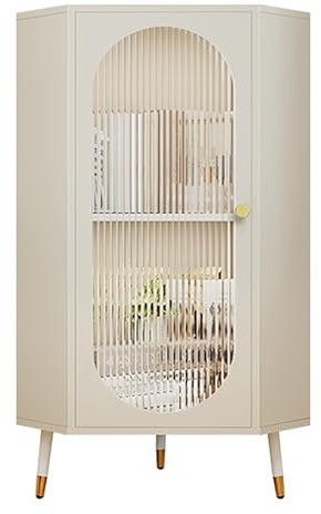 FQWYNMZ Eckschrank mit Türen, Eckbücherregal Aus Metall, Bücherregal, Bookshelf, Eckaufbewahrungsschrank, Eckvitrine, Eckküchen-Vorratsschrank, 90°-Winkeldesign, Platzsparend, for Kleine Räume(Beige)