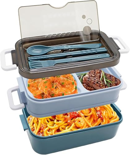 Bento Box Lunch Boxes,1050ml Large Bento Lunch Box for Adults Kids,Stackable Japanese Lunchbox with 4 Compartments for Camping,Work,School Leak Proof Meal Prep Container Box with Cutlery Set (Blue)