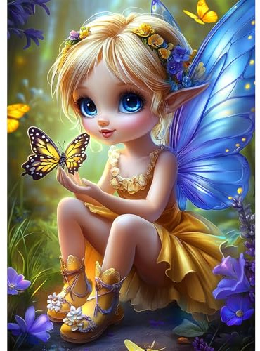 NEWENMO 5D Piccola Fata Diamond Painting Set Adulti,DIY Fiore Pittura Diamante Kit Completo,Farfalla Diamond Art Kit,Cartoon Diamant Painting,Adatto per Decorazione Domestica,Regalo di Casa,30x40cm