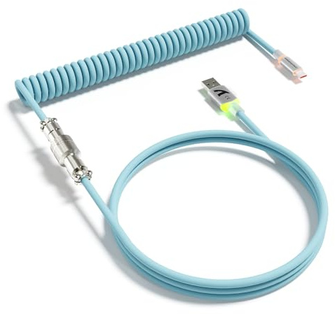 ATTACK SHARK C01 ULTRA Cable en espiral RGB personalizado para teclado gaming, Tipo C a USB A, TPU. Cable de teclado mecánico de doble funda con conector Aviator desmontable - Azul