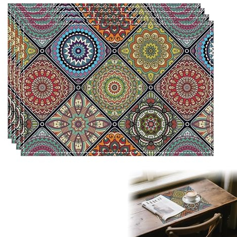 4PCS Bohemian Table Placemats Vibrant Moroccan Mandala Table Mats Set of 4 Stain-Resistant Outdoor Placemats for Kitchen Dining Party and Holiday Decor (32x42cm)