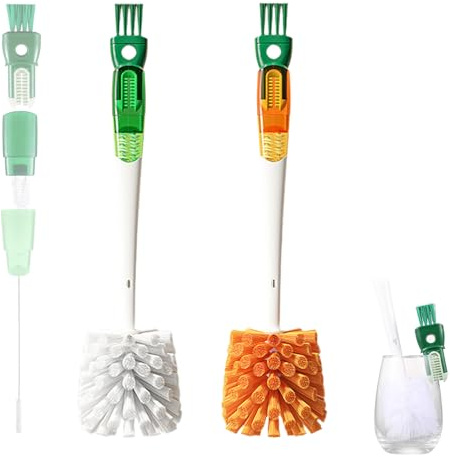 LIULINY 2 Pièces 5 en 1 Brosse à Bouteille, Brosse de Nettoyage Multifonctionnelle, Goupillon 5 en 1 Long avec Poignée, Goupillon Bouteille, Outils de Nettoyage, pour Biberon Vin Carafe Thermos