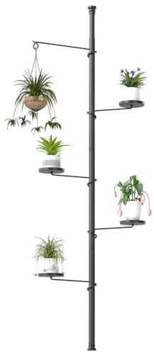 BAOYOUNI Support réglable pour plantes d'intérieur, 5 niveaux télescopiques en métal, étagère de rangement d'angle avec 4 plateaux et 1 crochet, pour salon, balcon, bureau, décoration d'intérieur