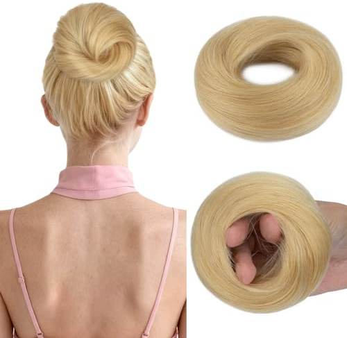 MY-LADY Haarteil Mit Gummiband Dutt Haarteil Haargummi Mit Haaren Glatt 100% Echthaar, Hochsteckfrisuren Haarverlängerung für Damen Mädchen (#613 Blond,30g)