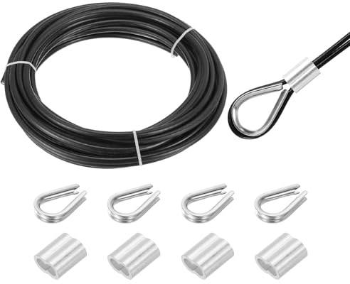 sourcing map 33ft Wire Rope 304 Stainless Steel Cable, 8mm(5/16) Vinyl Coated with 4pcs Aluminum Sleeves and Thimble for Railing, Decking, Hanging, Clothes Lines, Black 10m