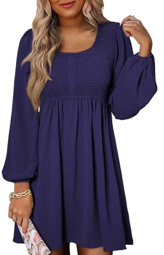 Dokotoo Women's Long Sleeve Dresses Spring Fashion Elegant U Neck Bust Gathering High Waist Ladies Dress Lantern Sleeves Solid Color Casual A Line Knee-Long Summer Womens Minidress S-XXL