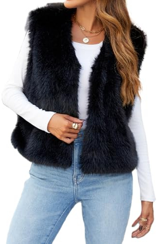 Caziffer Gilet Femme sans Manche en Faux Fur Cardigan Femme Chaud Col V Manteau sans Manche à Couleur Unie pour Femmes Décontracté Streetwear (Noir, 2XL)