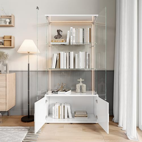 KOOPMAD Glasvitrine Standvitrine+Unterschrank,Transparenter Schrank für Sammlung mit 2 tür 3 Lagen und LED-Lichtband,Glasvitrine Stehend mit Versteckter Speicherplatz,Einfach zu Montieren, Weiß