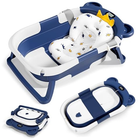 Bañera Plegable para Bebé con Cojín y Termómetro, Bañera Bebe Portable y Antideslizante, Bañeras Compactas para Recién Nacido, Regalo Nacimiento (Azul)