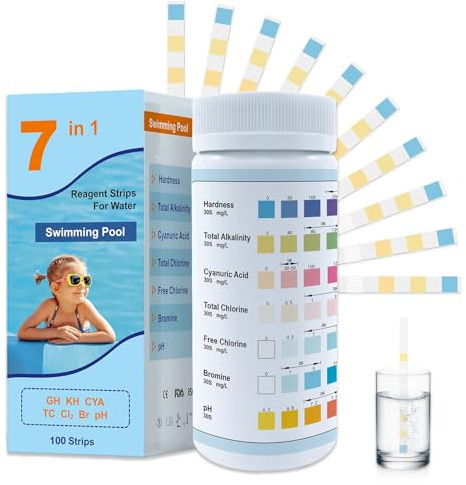 100 Pièces 7 en 1 Testeur pour Eau de Piscine et Spa, Test Dureté De l'eau, Testeur d'Eau pour Spa, Analyse Rapide de la Qualité de l'Eau Potable, Test pH, Rapide et Fiable