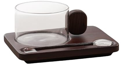 LLZFK Glass Coffee Cups and Saucers Set,6.42 OZ Glass Coffee Cups with Spoon,Clear Tea Cup for Hot/Cold Beverages,for Tea,Cereal,Cappuccino, Latte