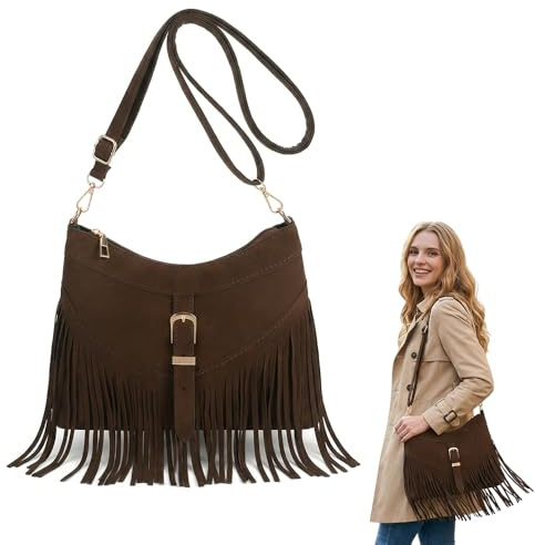 Ladies Brown Crossbody Bag, Tassel Shoulder Handbag for Work Travel Daily | Faux Suede Fringe Tote Satchel with Adjustable Strap Vintage Western Style Boho Purse Coffee Colour